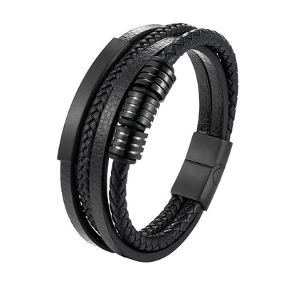 Popular Men's Titanium Steel Leather Woven Bracelet