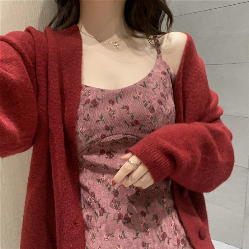 Knitted Cardigan Jacket Molded Fruit Powder Sling Floral Dress