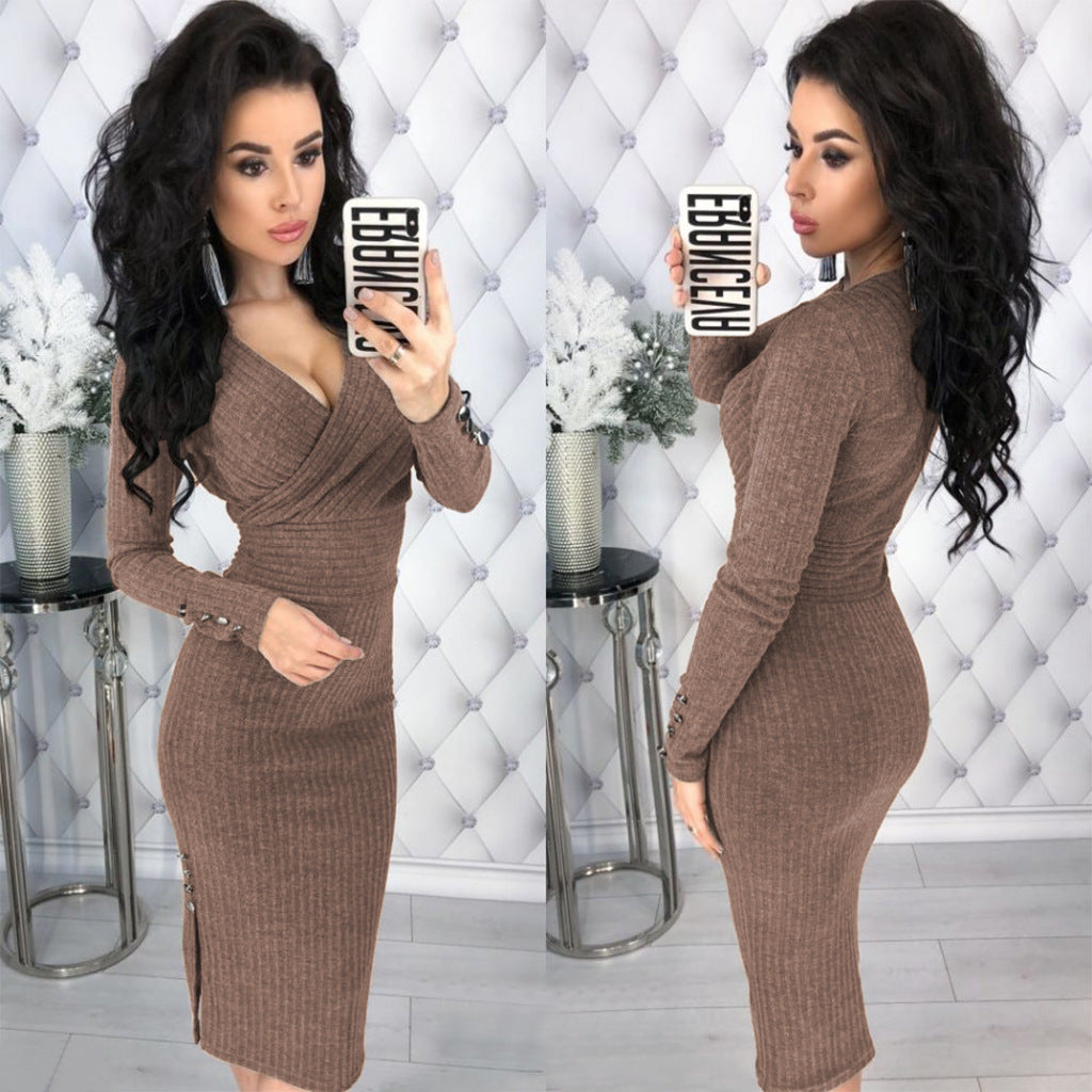 Long Sleeve Sexy Deep V-Neck Rivet Buttoned Dress