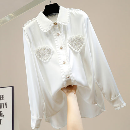 Irregular Single-breasted Long-sleeved Satin Shirt With Doll Collar