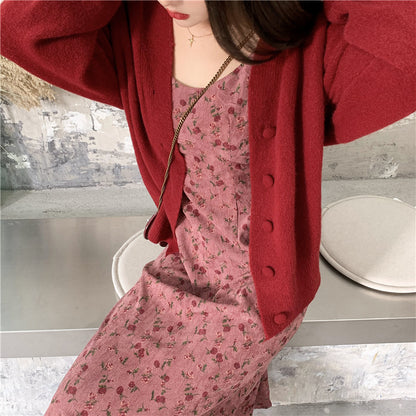 Knitted Cardigan Jacket Molded Fruit Powder Sling Floral Dress