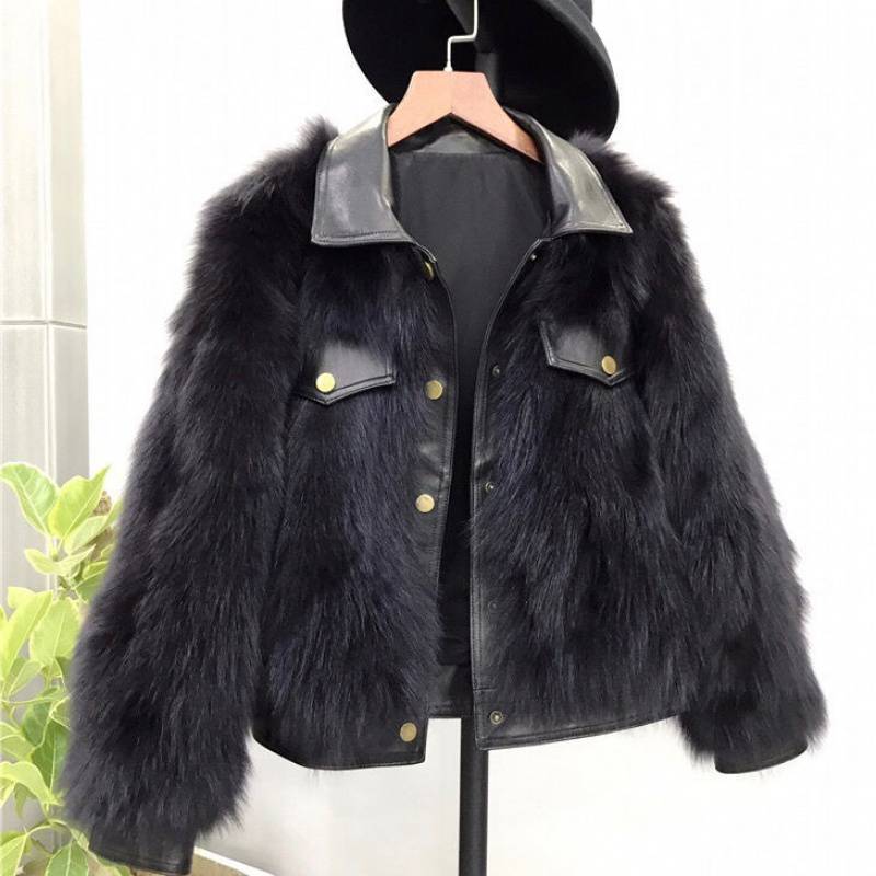 Leather Women's Motorcycle Coat Winter Faux Fox Fur Coat Slim Fit Fur One