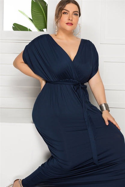 Plus Size Solid Color V-Neck Loose Swing Dress