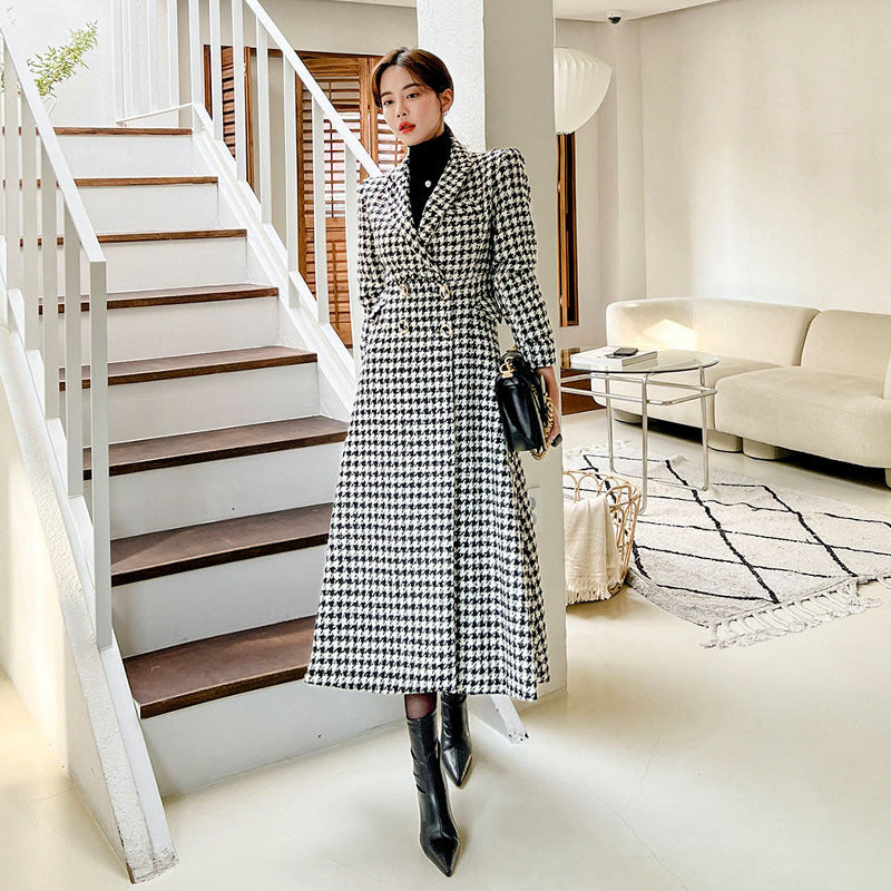 Women's Suit Collar Double-breasted Waist Slim-fit Houndstooth Woolen Coat