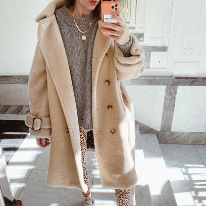 Pure Color Waist Is Thin And Long Leisure Plush Coat Apricot Noble Temperament Coat