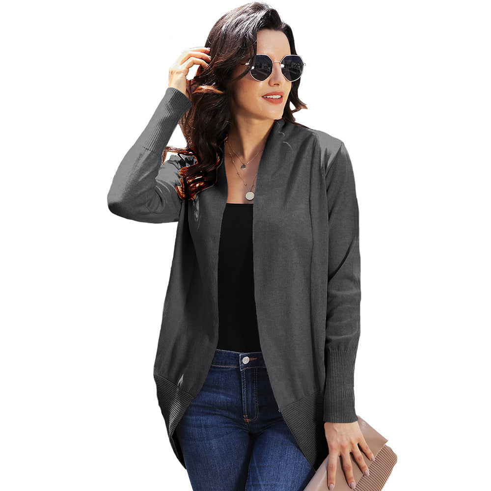 Women's Solid Color Cardigan Sweater Imitation Cotton Mid Length Long Sleeved Jacket