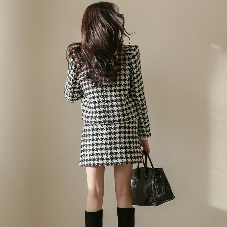 Women's Houndstooth Jacket And Skirt Suit