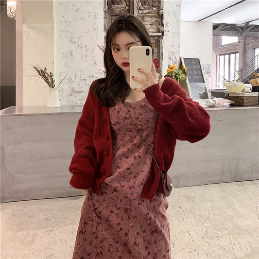 Knitted Cardigan Jacket Molded Fruit Powder Sling Floral Dress