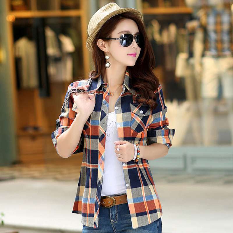 All-match Student Korean Style Loose-fitting Female Plaid Shirt On The Outside