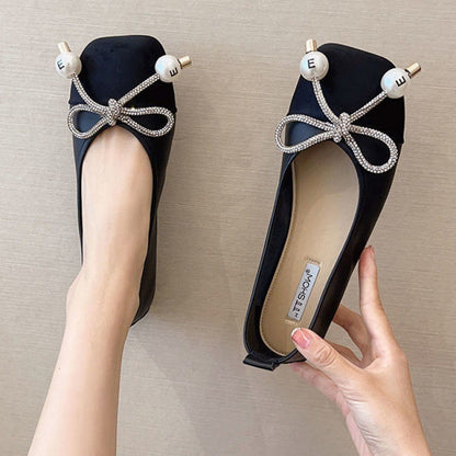 Pearl Bowknot Square Toe Flat Shoes With Soft Sole