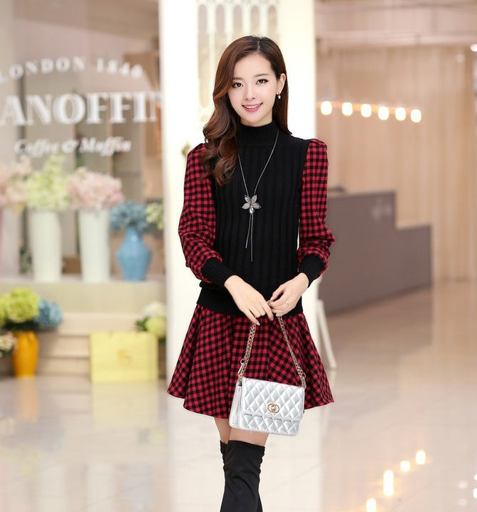 Slim Long-sleeved Plaid Bottoming Single Dress