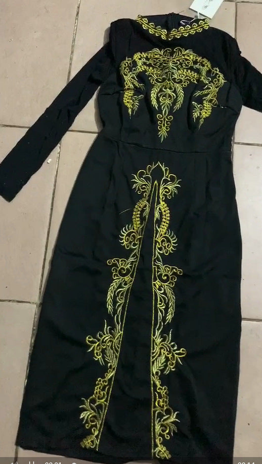 Embroidered Slim Mid-length Sexy Split Dress