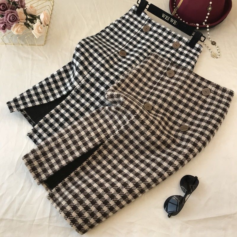 Woolen Plaid Mid-length Skirt High Waist Thinner One-step Split A-line