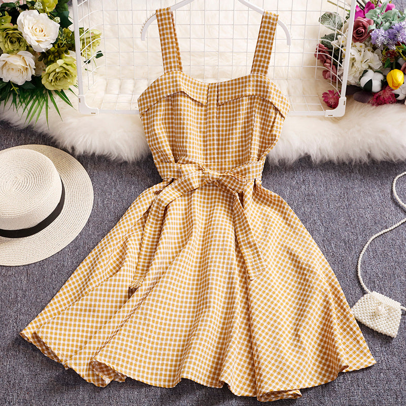 Korean Style Small  Plaid Vest Skirt Sleeveless Waist Waist Slimming A-line Big Swing Dress Female