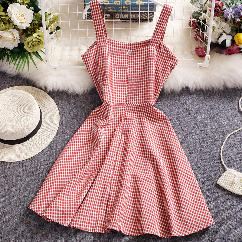 Korean Style Small  Plaid Vest Skirt Sleeveless Waist Waist Slimming A-line Big Swing Dress Female