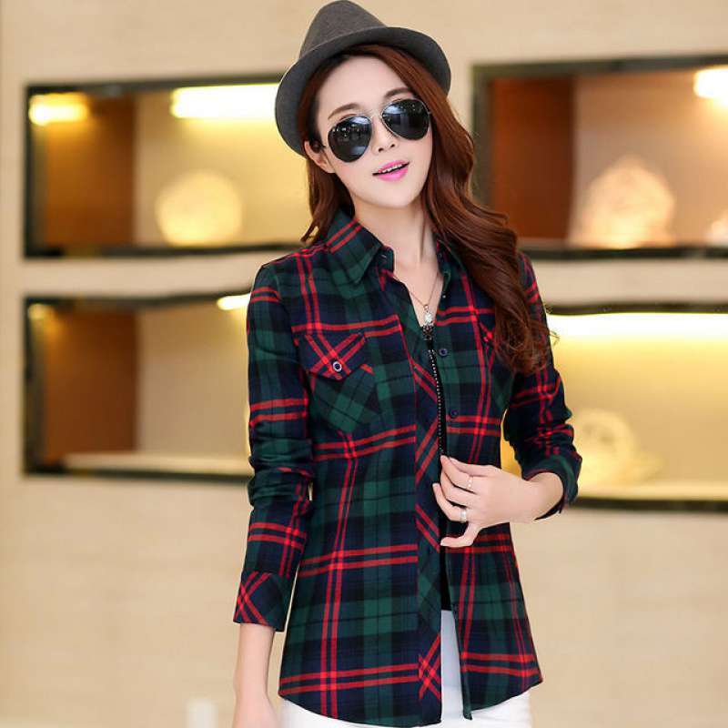 All-match Student Korean Style Loose-fitting Female Plaid Shirt On The Outside