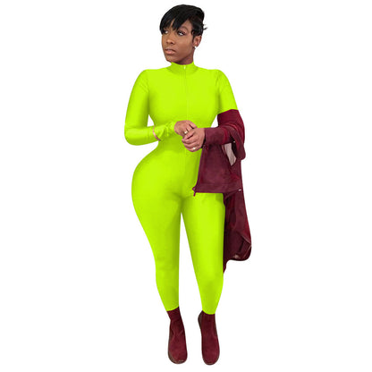 Women's Solid Color Long Zipper Tight-fitting Sexy Long-sleeved Jumpsuit