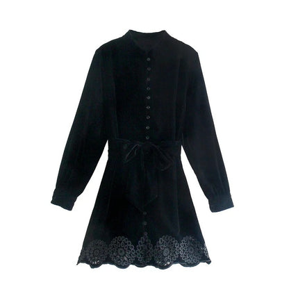 Autumn Women's French Sweet Embroidery Hollow Velvet Dress