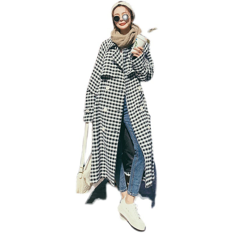 Women's Winter Classic Black And White Lattice Long Thick Woolen Coat