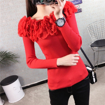 One-line Neck Strapless Short Sexy Long-sleeved Slim Knit Sweater