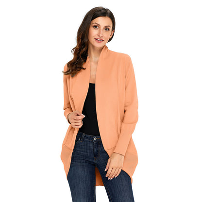 Women's Solid Color Cardigan Sweater Imitation Cotton Mid Length Long Sleeved Jacket