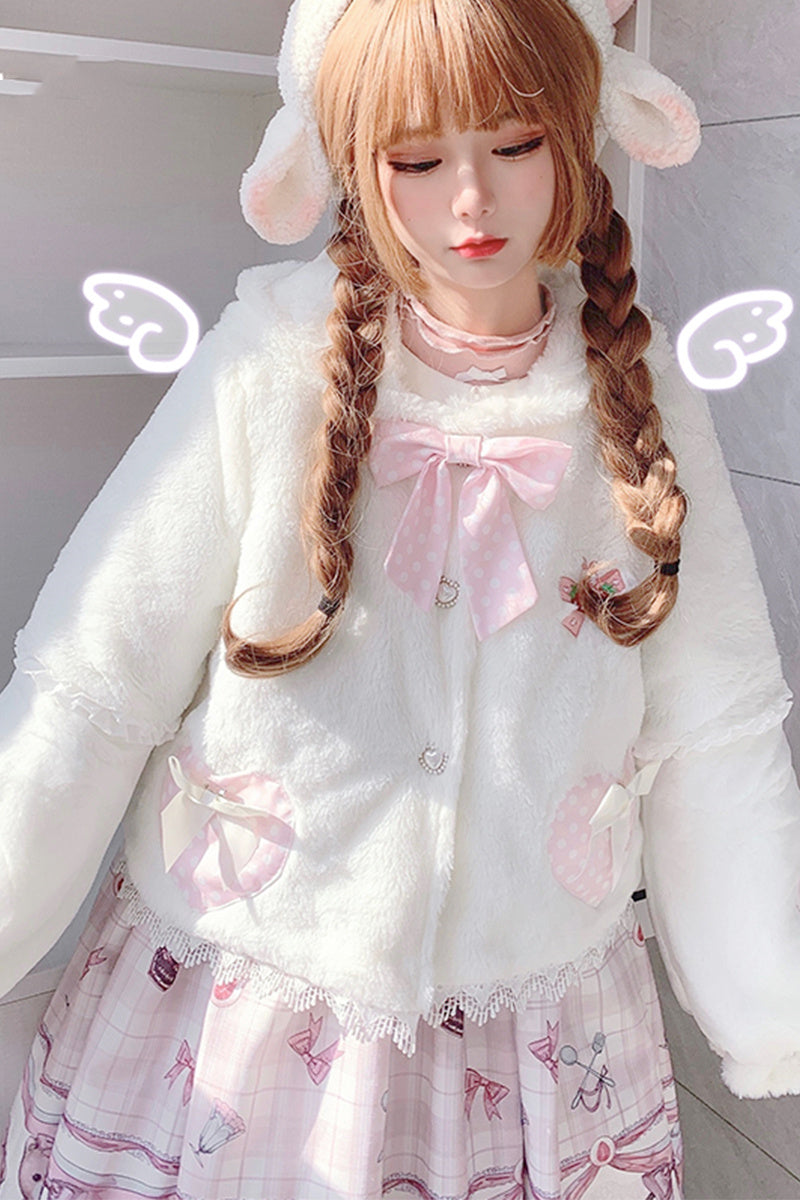 Cute Girl In Plush Rabbit Ear Short Coat