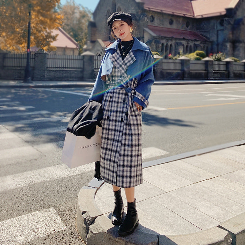 Plaid Stitching Temperament Goddess Fan Woolen Coat Mid-length Coat