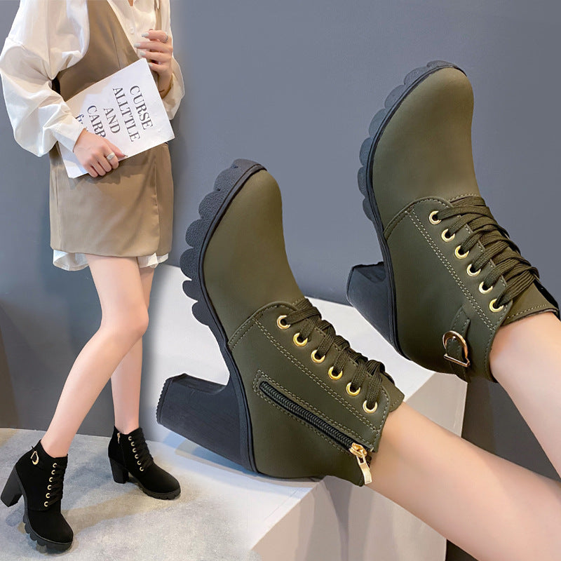 Metallic Belt Buckle Thick Heel Short Tube Martin Boots Women