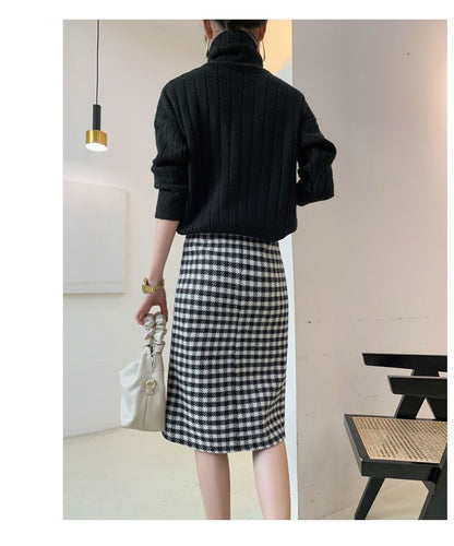 Woolen Plaid Mid-length Skirt High Waist Thinner One-step Split A-line