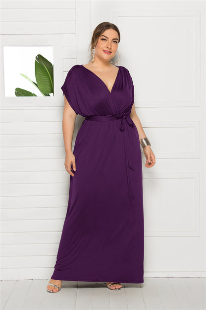 Plus Size Solid Color V-Neck Loose Swing Dress