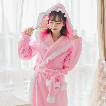 Cute Padded Flannel Nightgown Women Lace