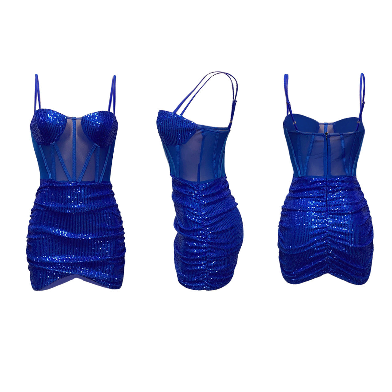 Solid Color Sequin Sexy Wrapped Chest See-through Mesh Dress