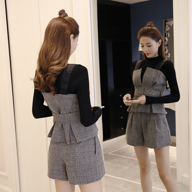 Fashion High Neck Sweater Plaid Suspenders