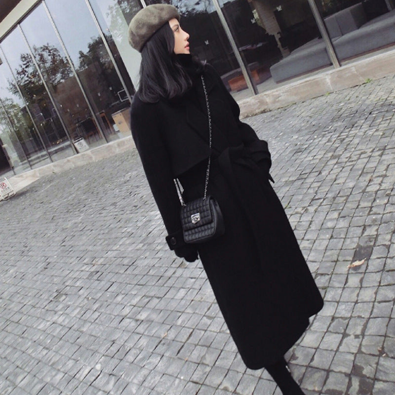 Women's Black Overcoat Mid-length Thick Loose Slim-fit Woolen Coat