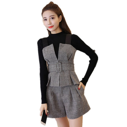 Fashion High Neck Sweater Plaid Suspenders