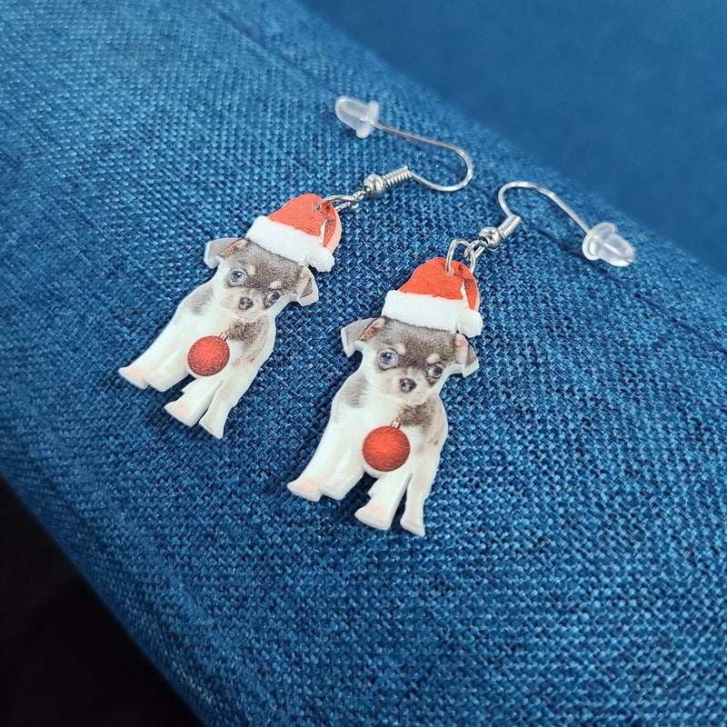 Chihuahua Christmas Hat Kitten Earrings Bells