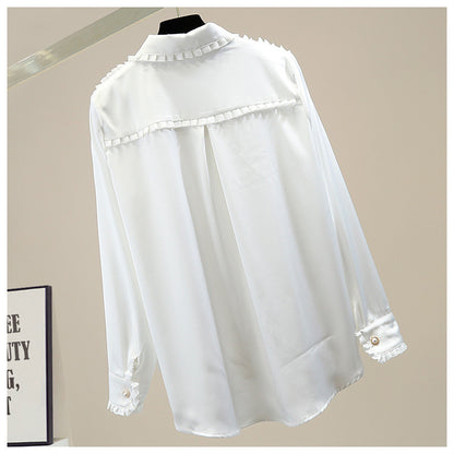 Irregular Single-breasted Long-sleeved Satin Shirt With Doll Collar