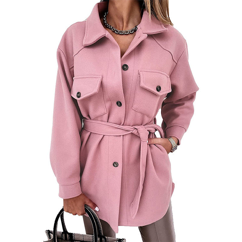 Autumn And Winter Ladies Lapel Tie Woolen Coat