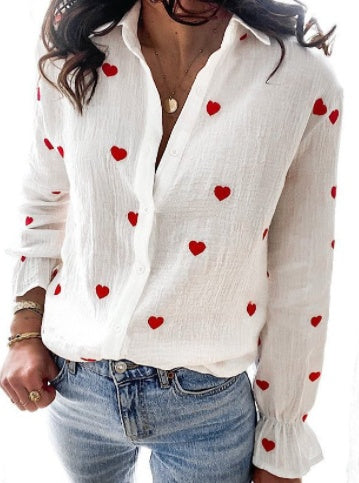 Single-breasted Lapel Long-sleeved Cardigan Printed Love Shirt