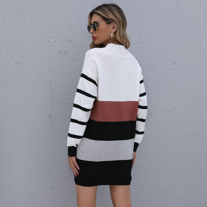 European And American Striped Color-blocking Long Half High Neck Knitted Sweater Skirt