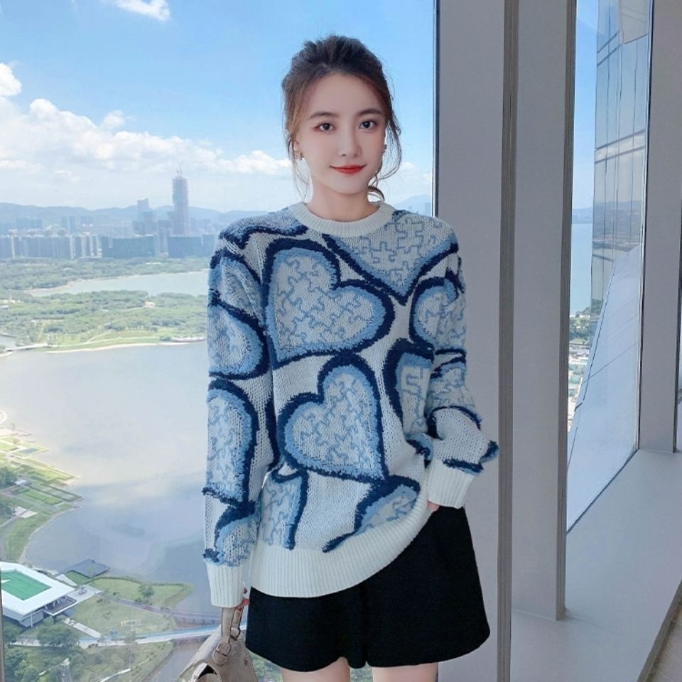 Fashion Jacquard Color Matching Knit Sweater Lazy Wind Blouse Women