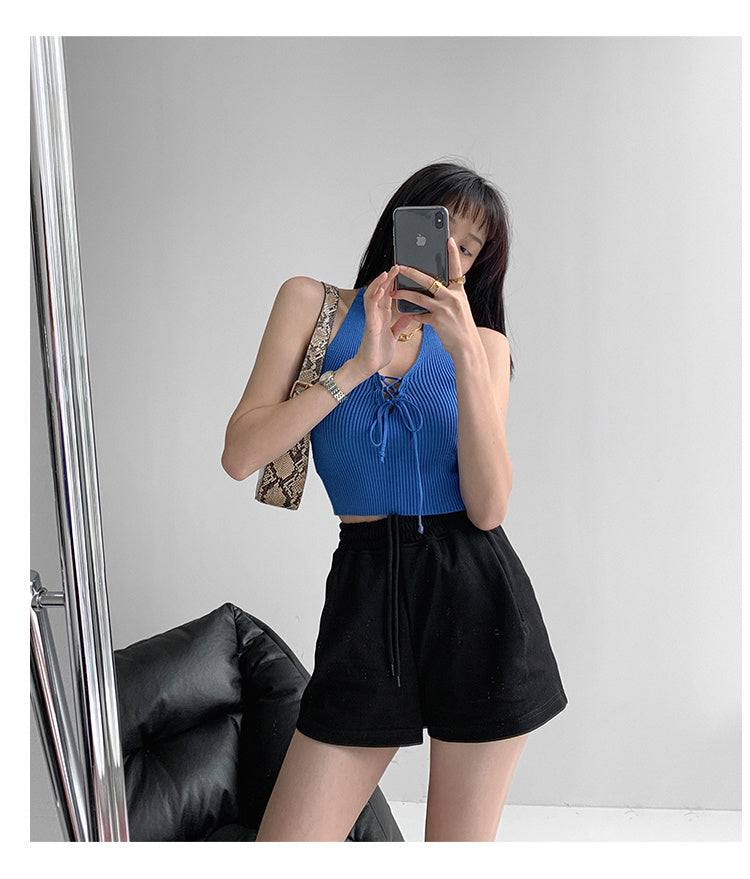 V-neck Lace-up Thread Knit Sling Tube Top