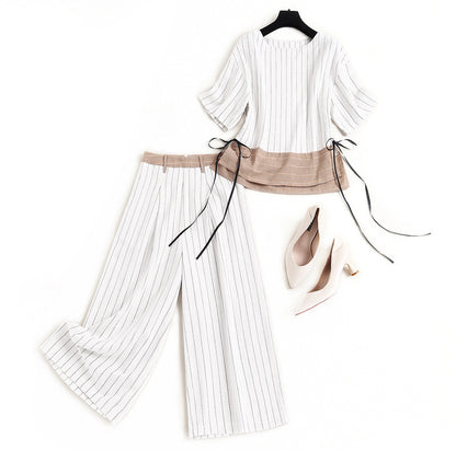 Two Fashionable Striped Casual Suit T-shirt Wide-leg Pants