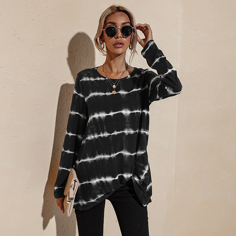 Women's Round Neck Print Striped T-shirt Top