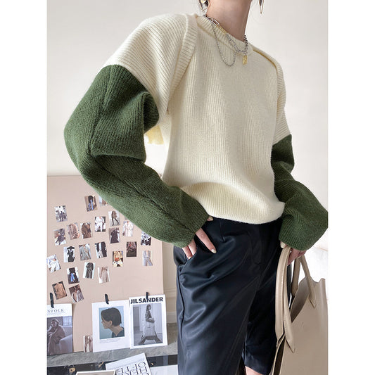 Contrasting Color Design Knit Vest Shawl Two-piece Set