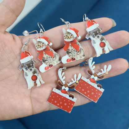 Chihuahua Christmas Hat Kitten Earrings Bells