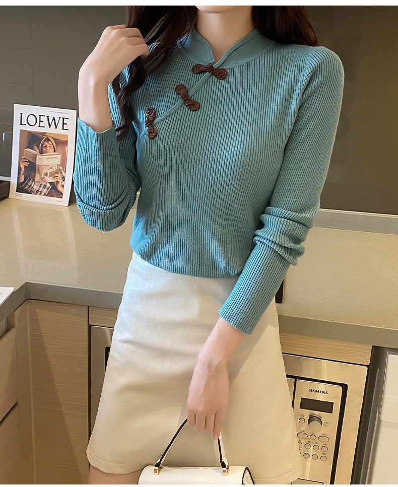 Retro Ladies Sweater Cheongsam Collar Button Slim Bottoming Shirt Top Tide