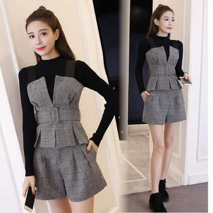 Fashion High Neck Sweater Plaid Suspenders