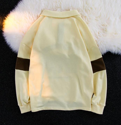 Fashion Loose Embroidered Colorblock Polo Neck Sweatshirt