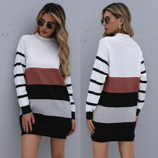 European And American Striped Color-blocking Long Half High Neck Knitted Sweater Skirt